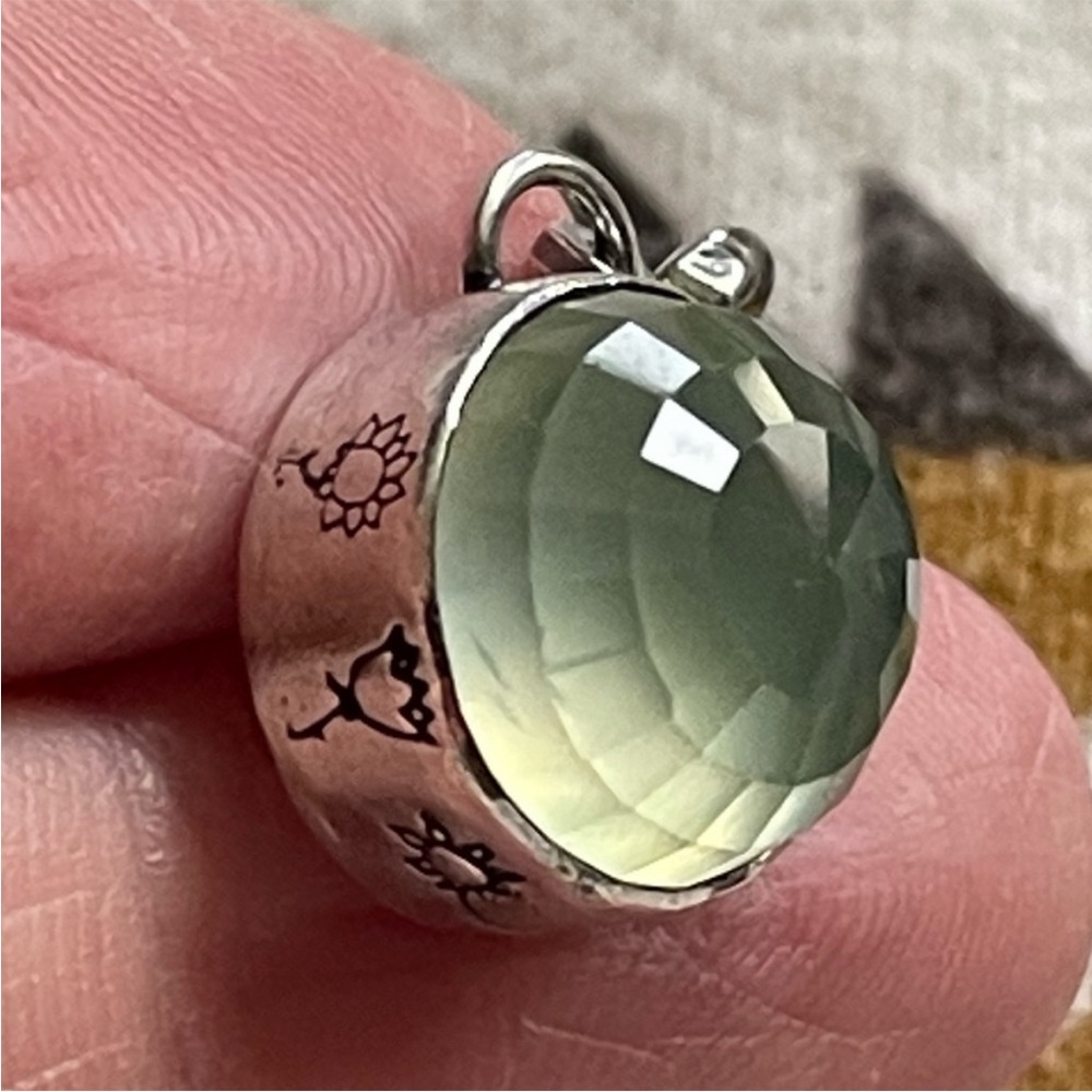 Jes MaHarry Faceted Prehnite Sterling Silver handmade bezel w/ wildflowers charm